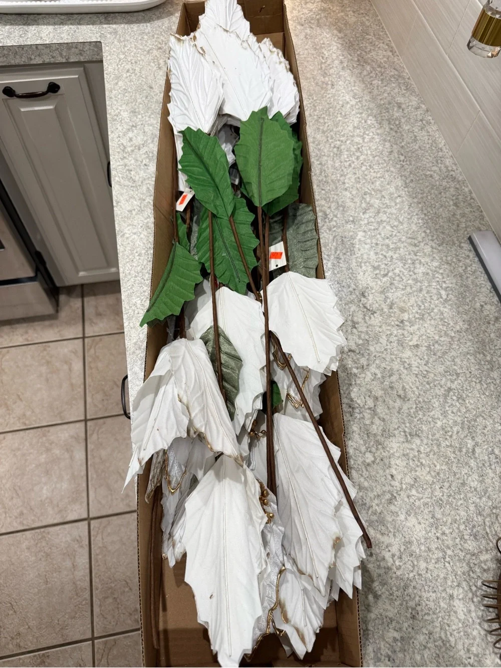 18 Large White Gold Poinsettia Floral Stems Bundle